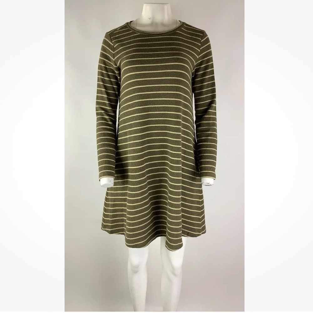 Horny Toad Sz M Organic Cotton Swing Hem Stripe Dress Green Cream Long Sleeve